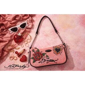 NWT Ed Hardy Pink Denim 2-Way Rose & Heart Tattoo Bag